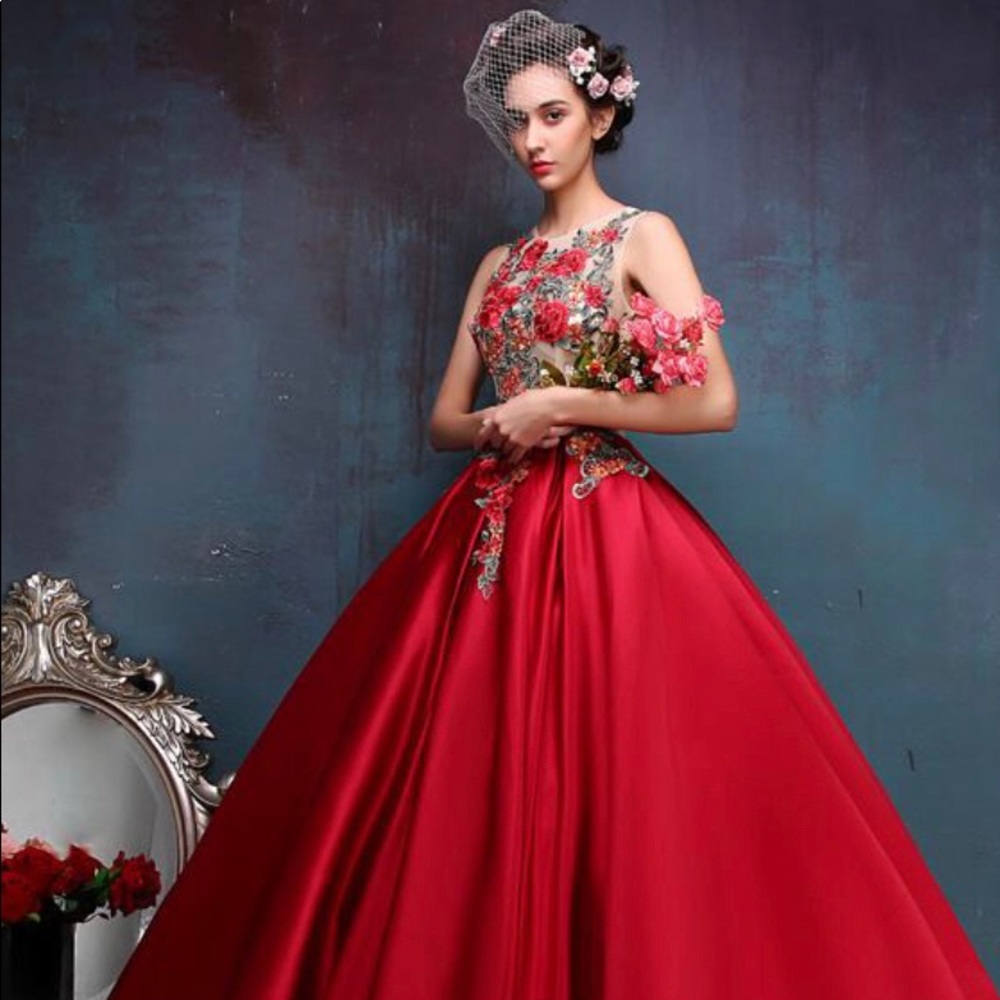 Red Floral Embroidery Performance Dress